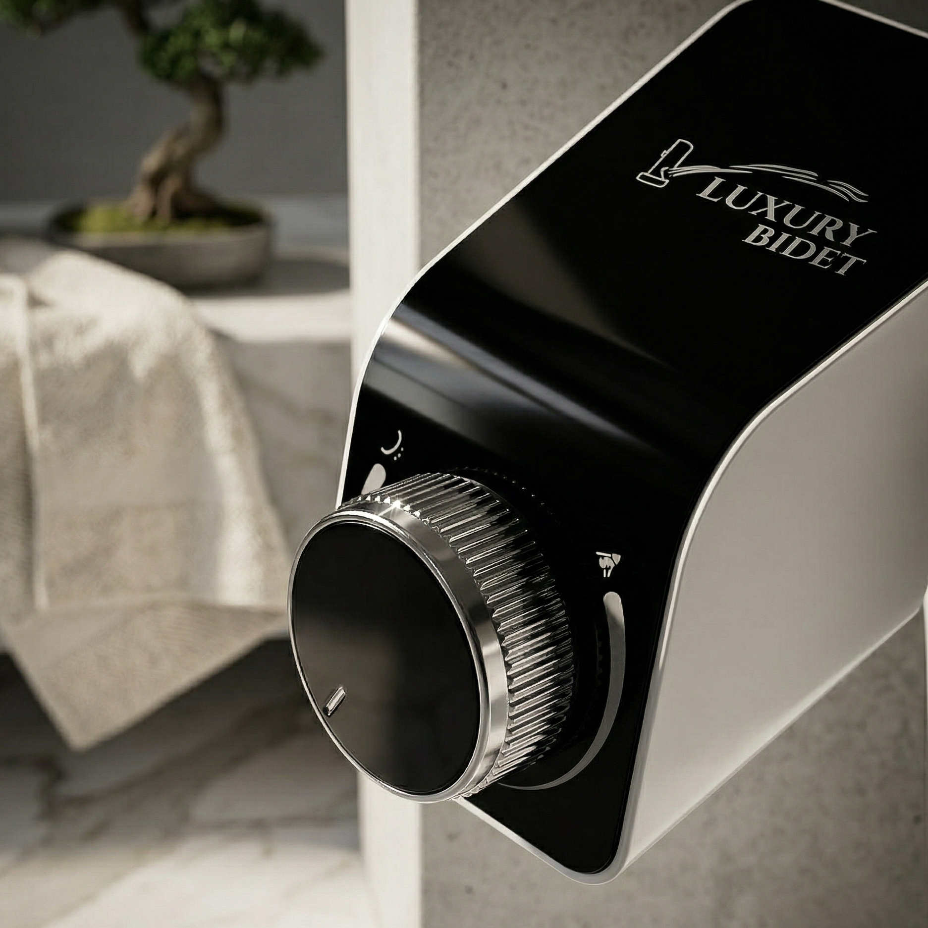 Luxury bidet attachment with brand logo in a bathroom setting