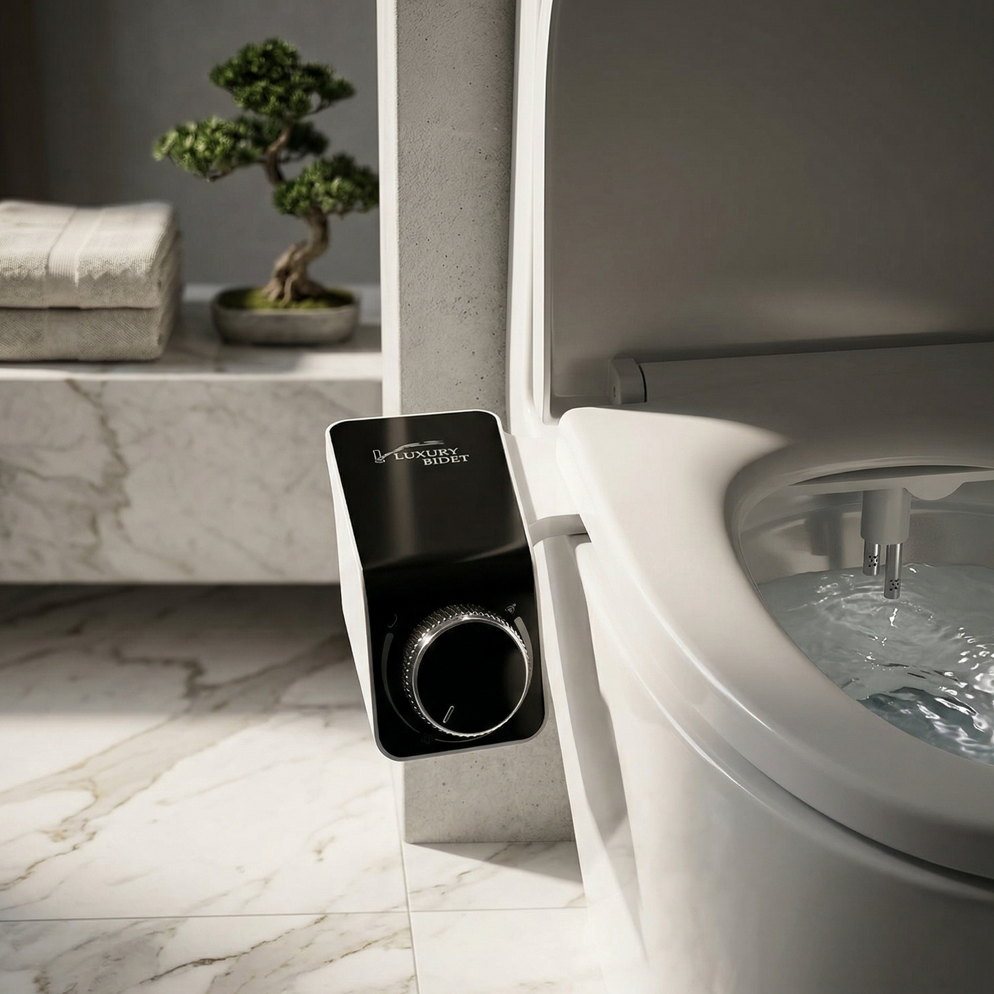 Modern toilet with a analog control panel in a bathroom setting