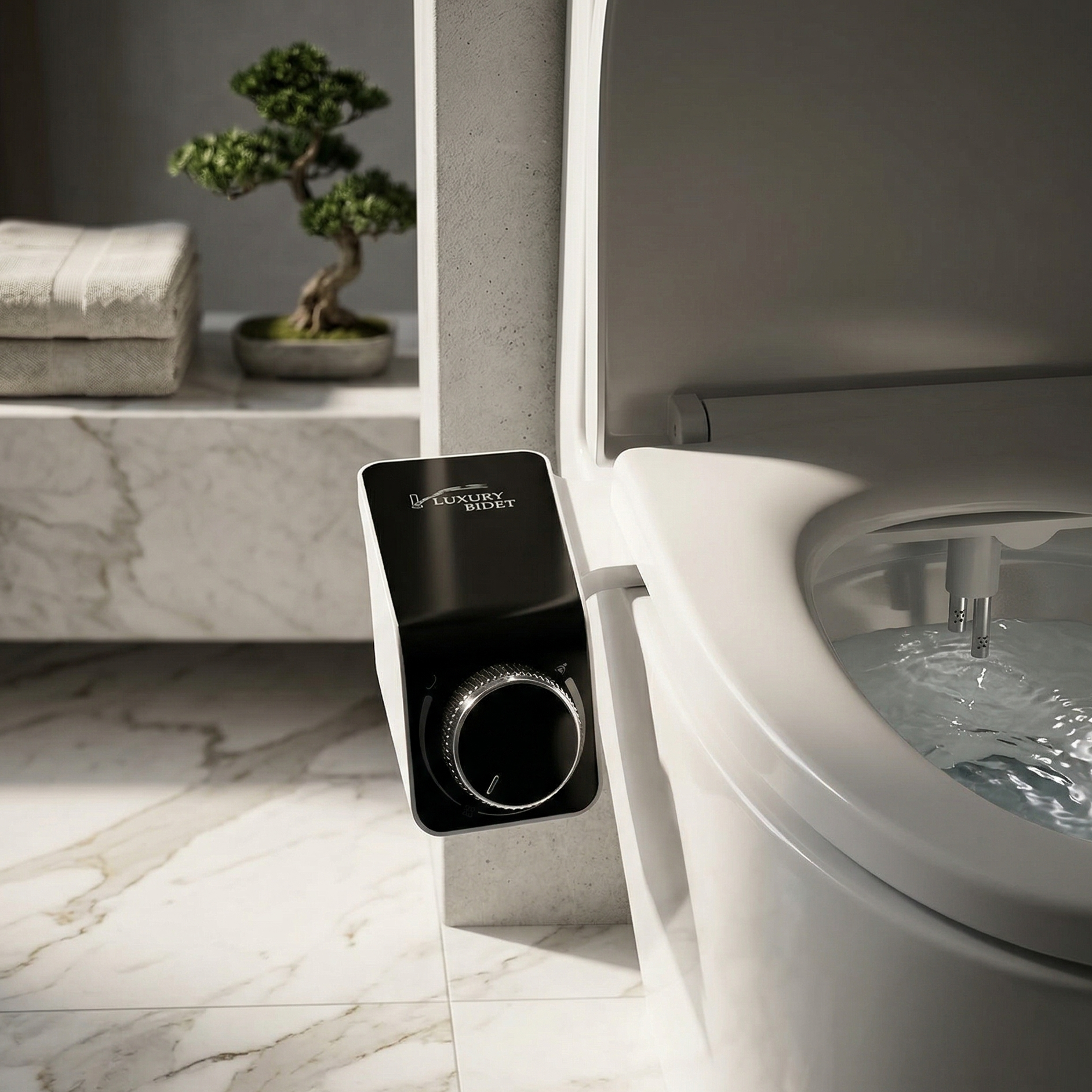Modern toilet with a analog control panel in a bathroom setting