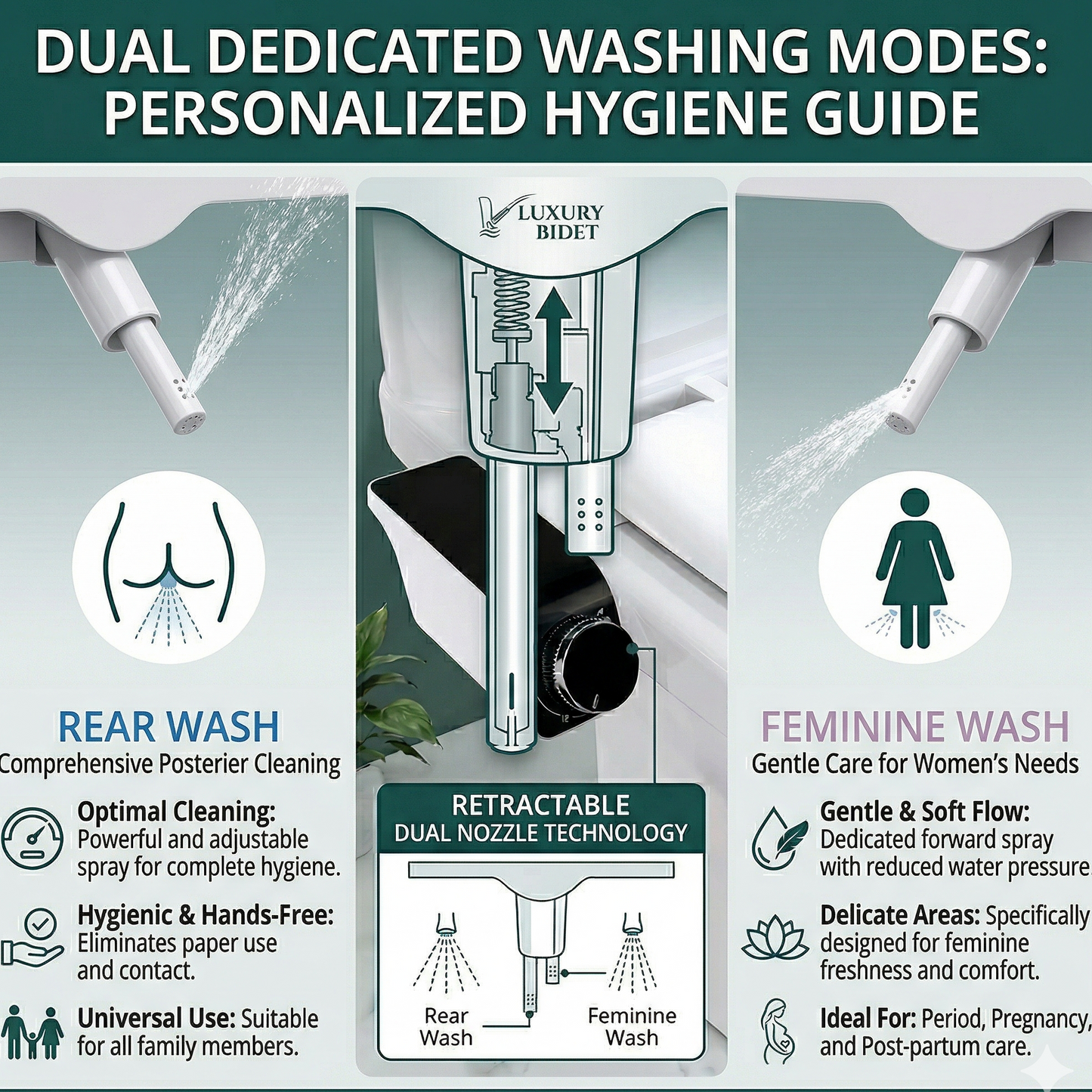 Luxury bidet with dual washing modes and features highlighted